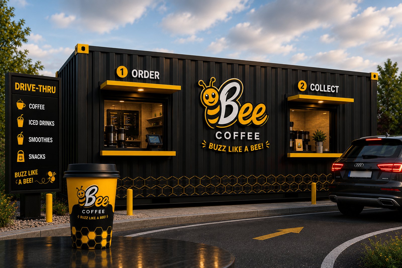 The Bee Coffee drive-thru unit at dusk, with lit order and collect windows and a car in the lane.