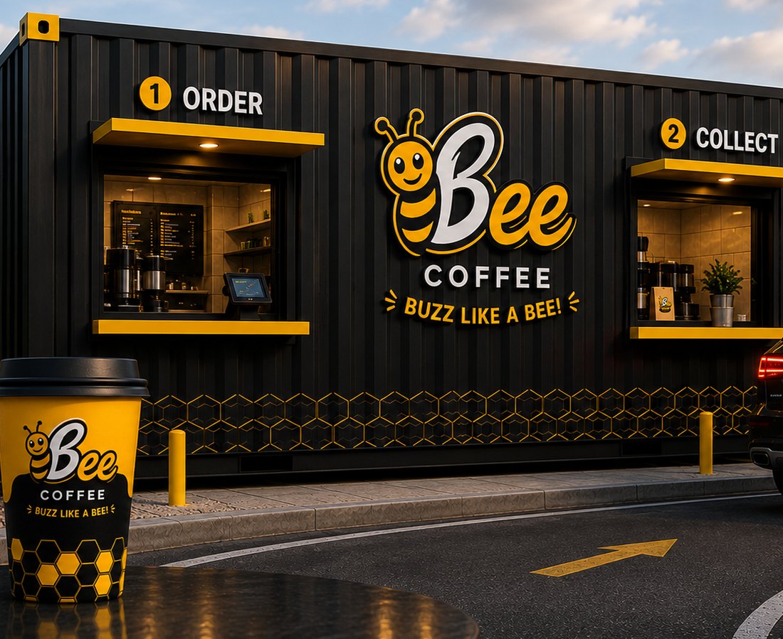 Close-up of the Bee Coffee order window and honeycomb-patterned cladding.